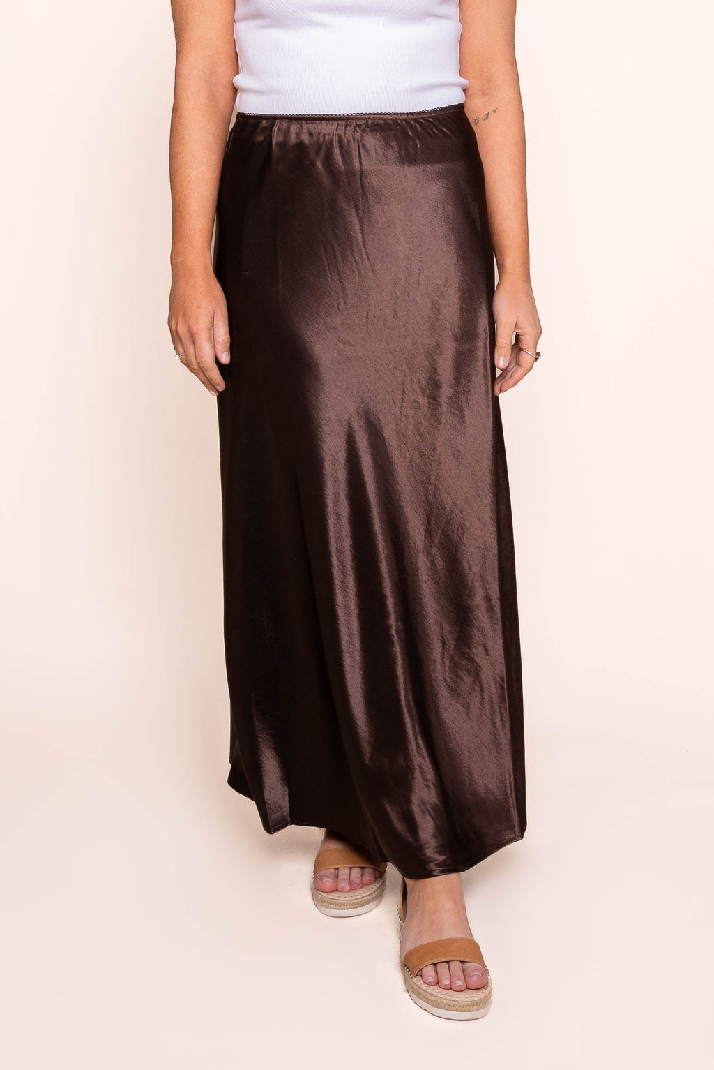 Rilla Satin Midi Skirt in Chocolate