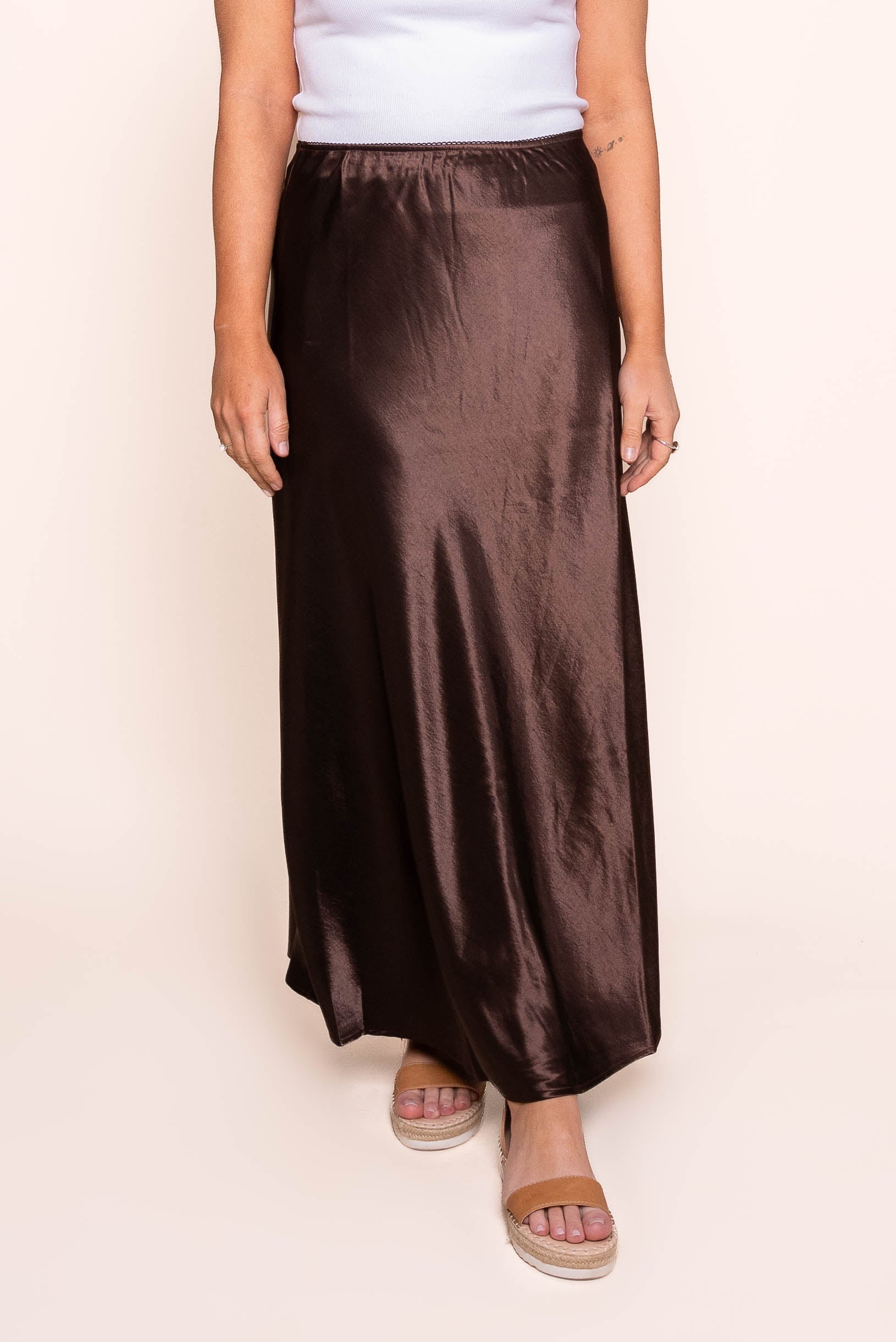 Rilla Satin Midi Skirt in Chocolate