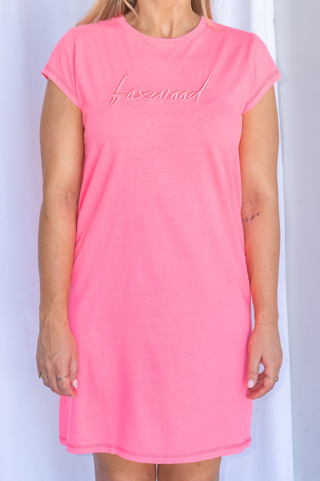 Signature Embroidery Tee Dress in Neon Rose - Foxwood