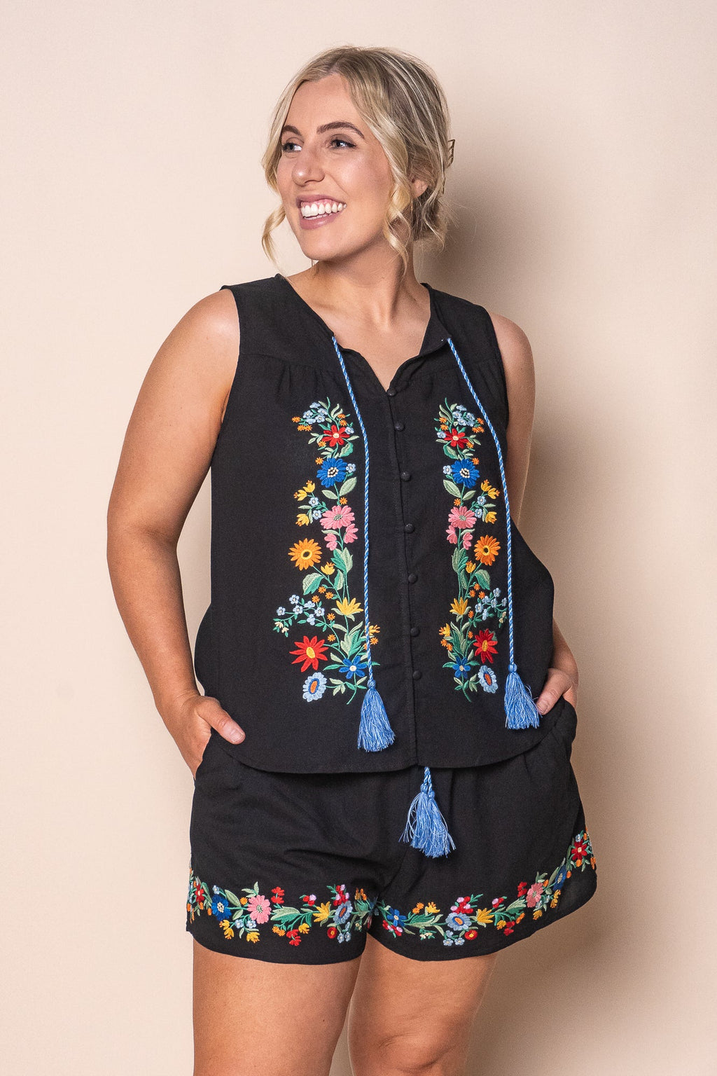 Usha Embroidered Floral Shorts in Black