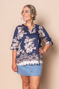 Mable Floral Border Top in Navy