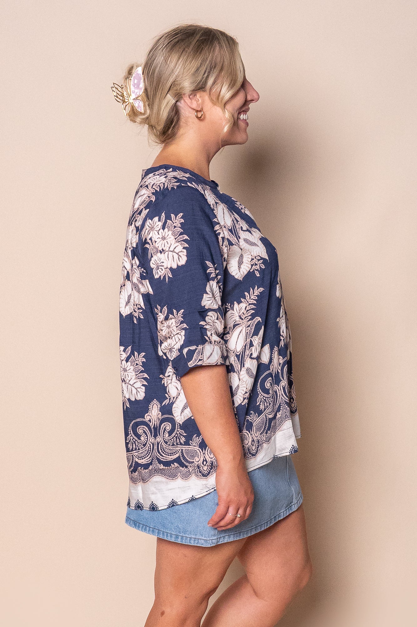 Mable Floral Border Top in Navy