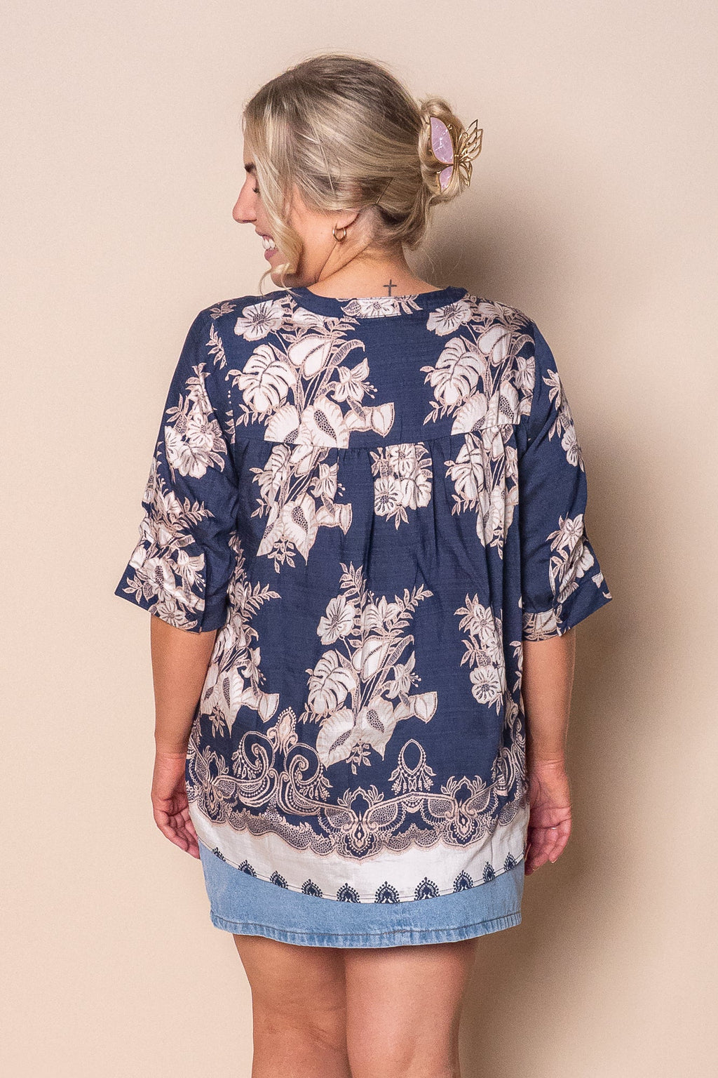 Mable Floral Border Top in Navy