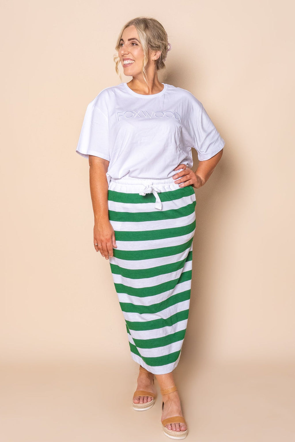 Tallow Skirt in White & Green Stripe - Foxwood