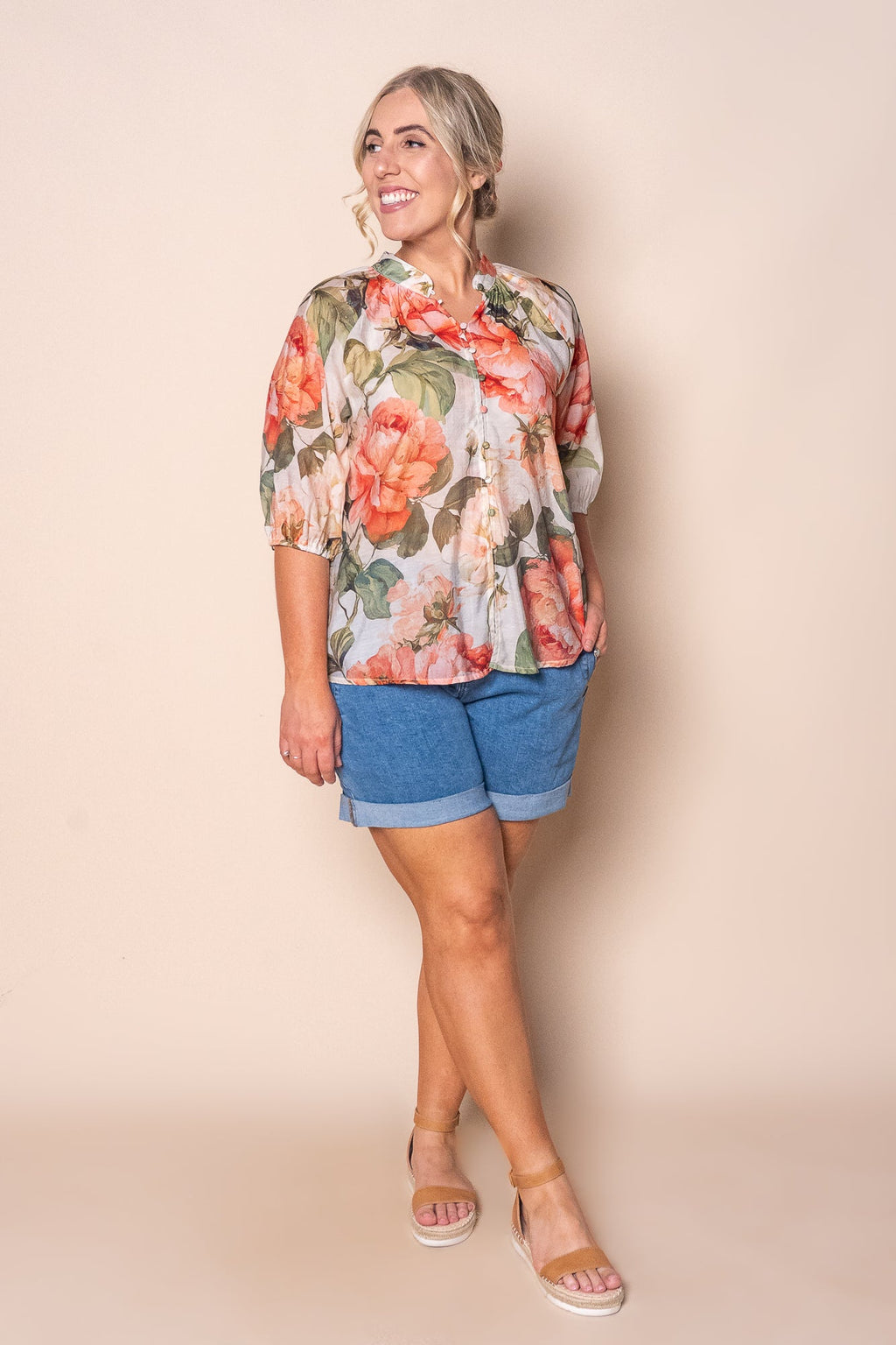 Nora Floral Top in Coral