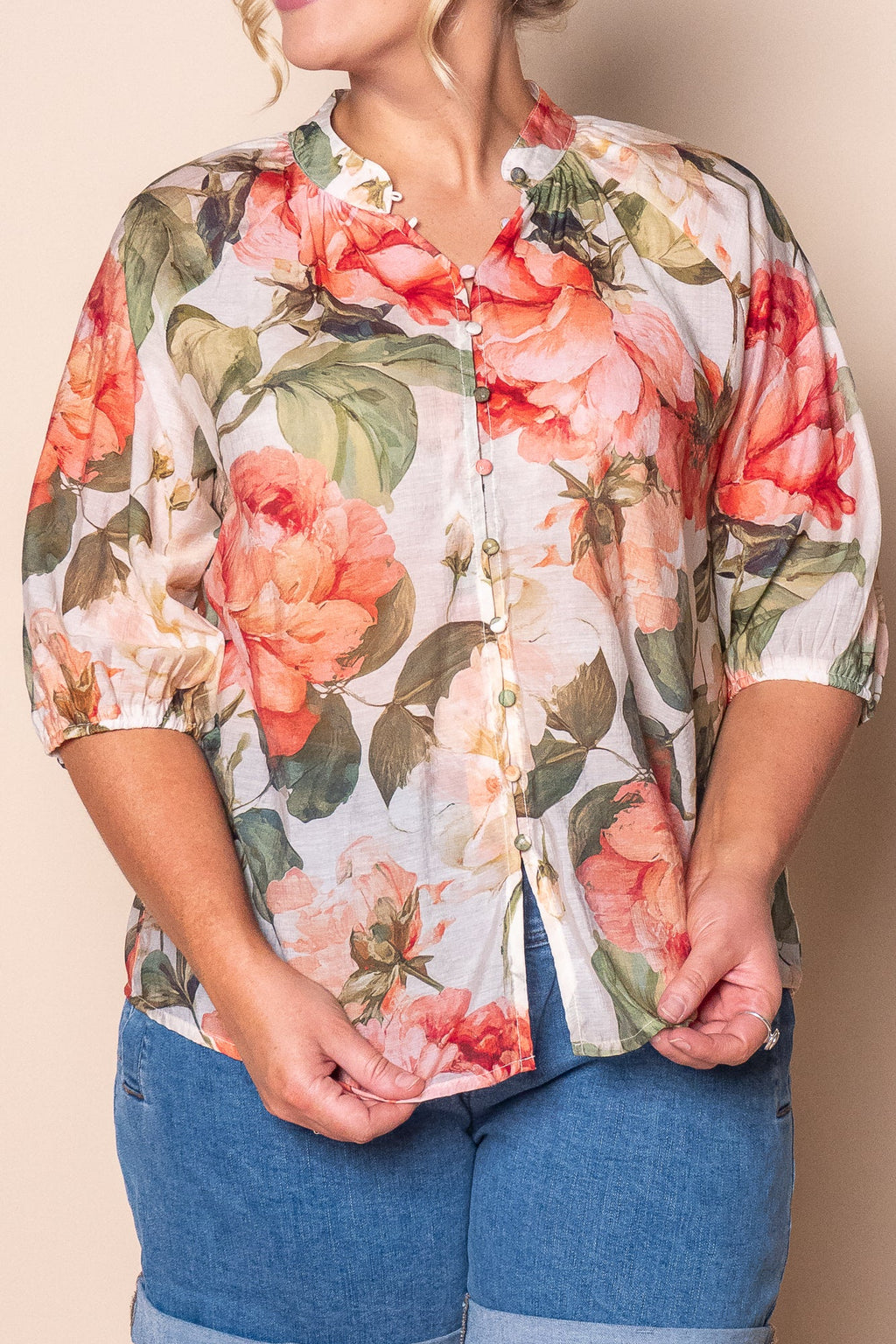Nora Floral Top in Coral