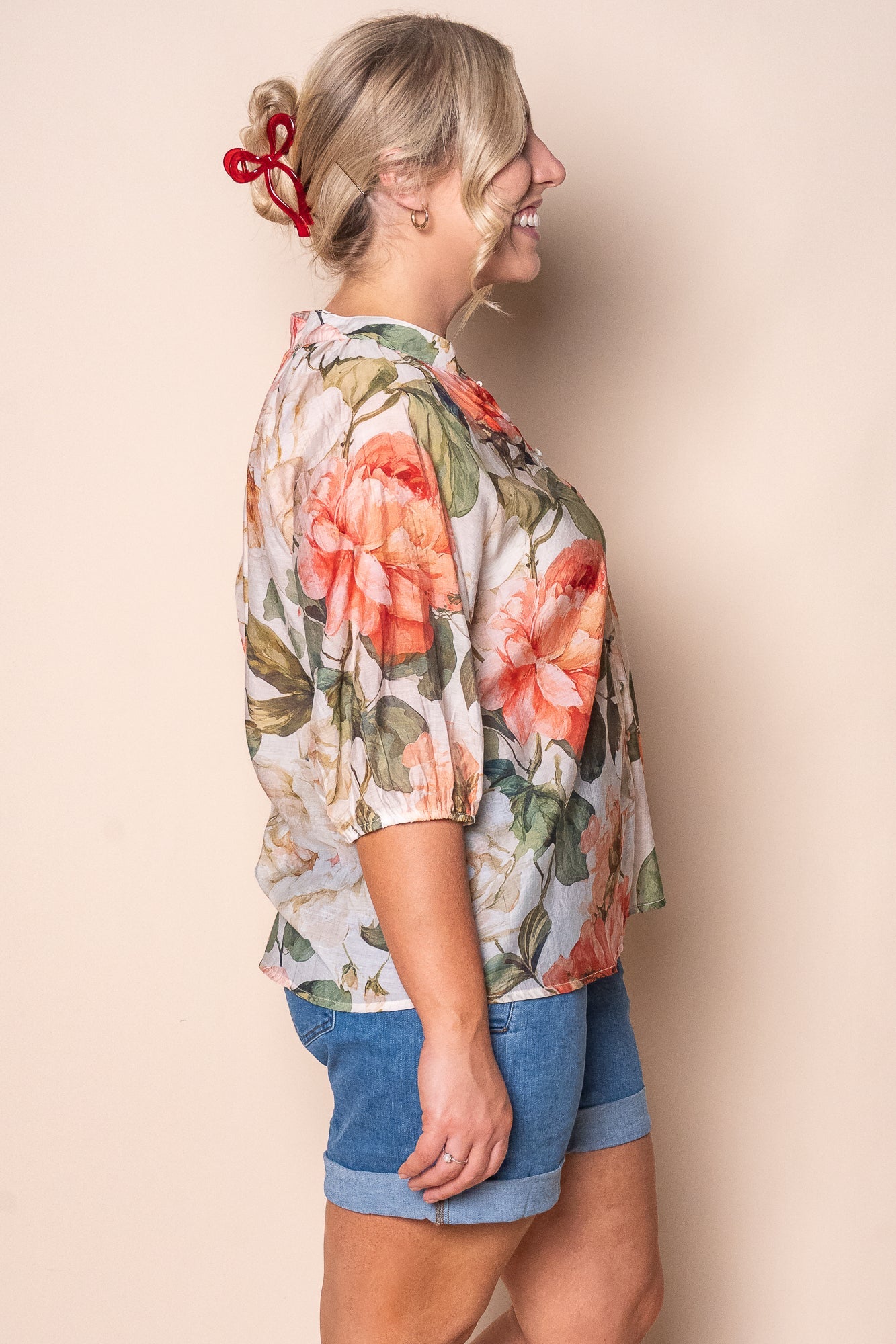 Nora Floral Top in Coral
