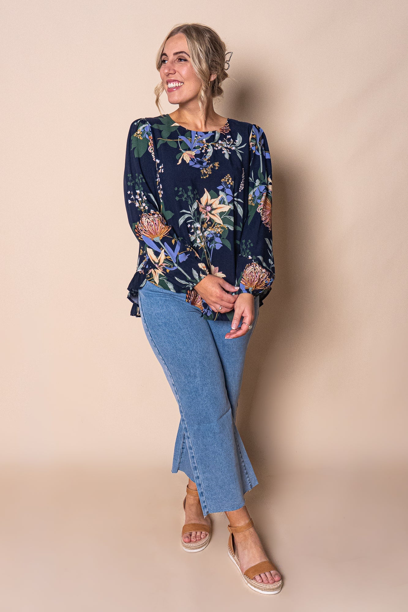 Vasilia Floral Top in Navy
