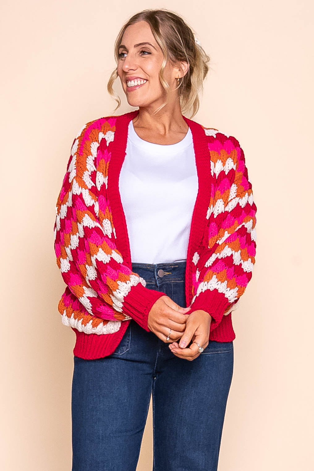 Haylee Chunky Knit Cardi in Red Multi