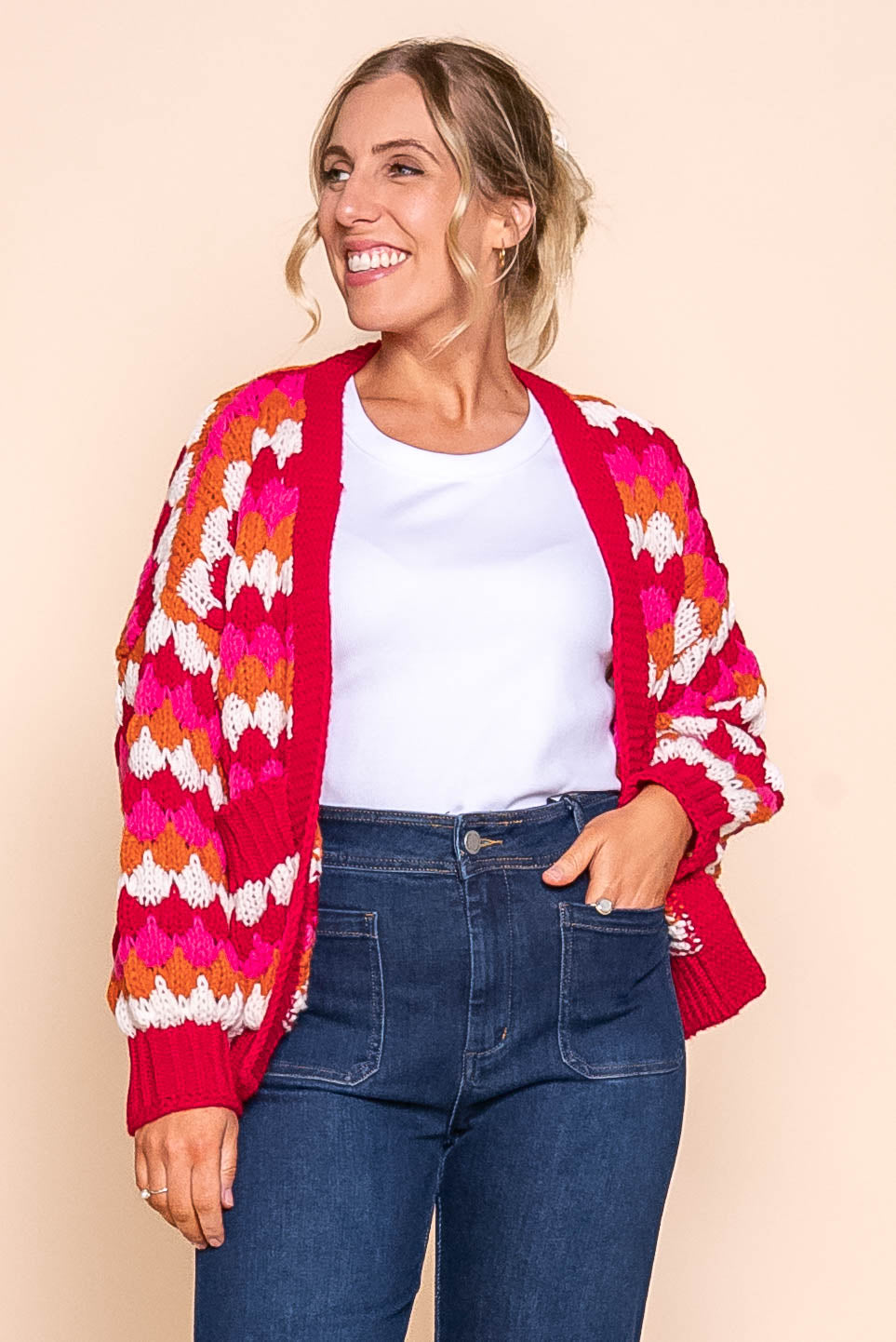 Haylee Chunky Knit Cardi in Red Multi