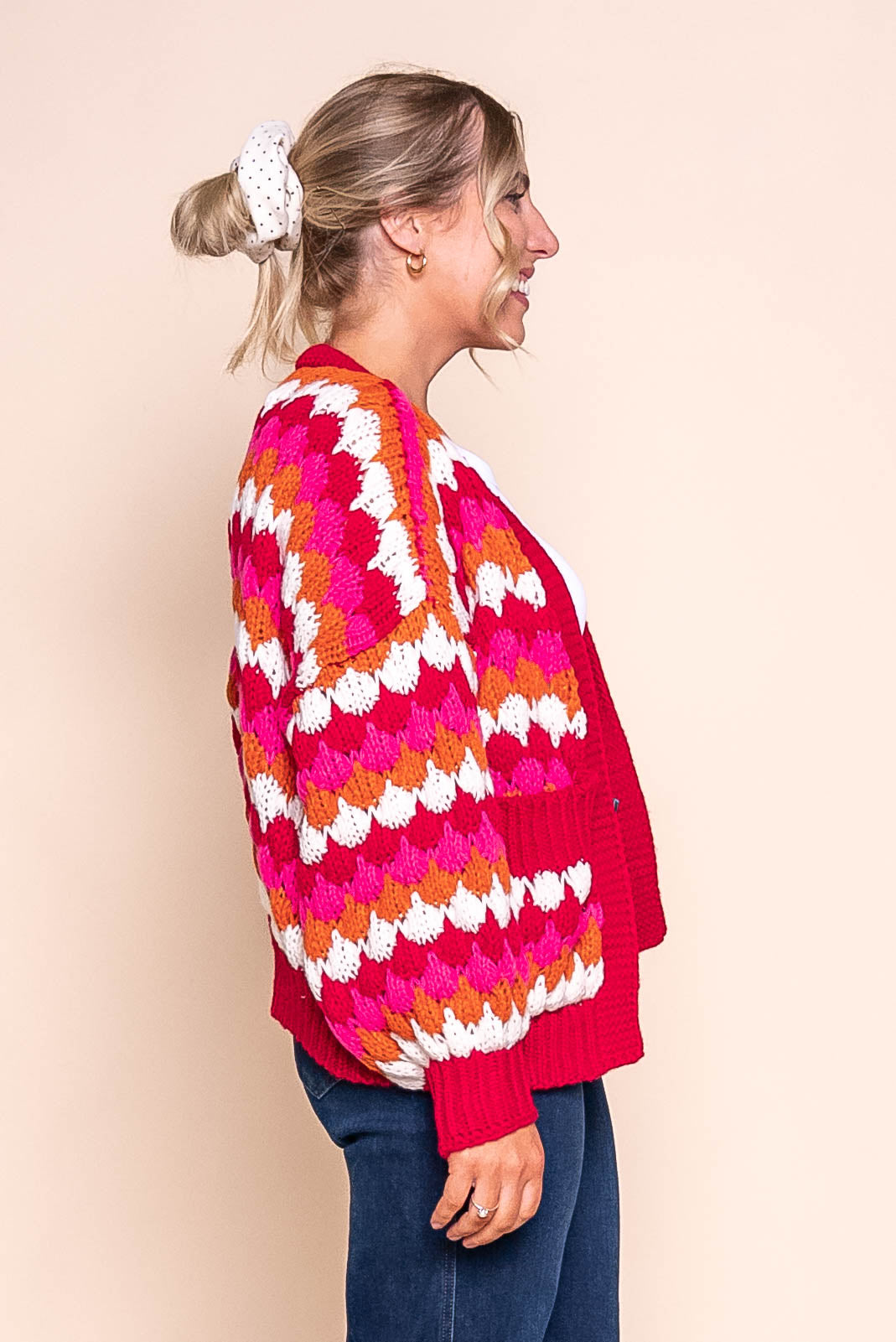 Haylee Chunky Knit Cardi in Red Multi