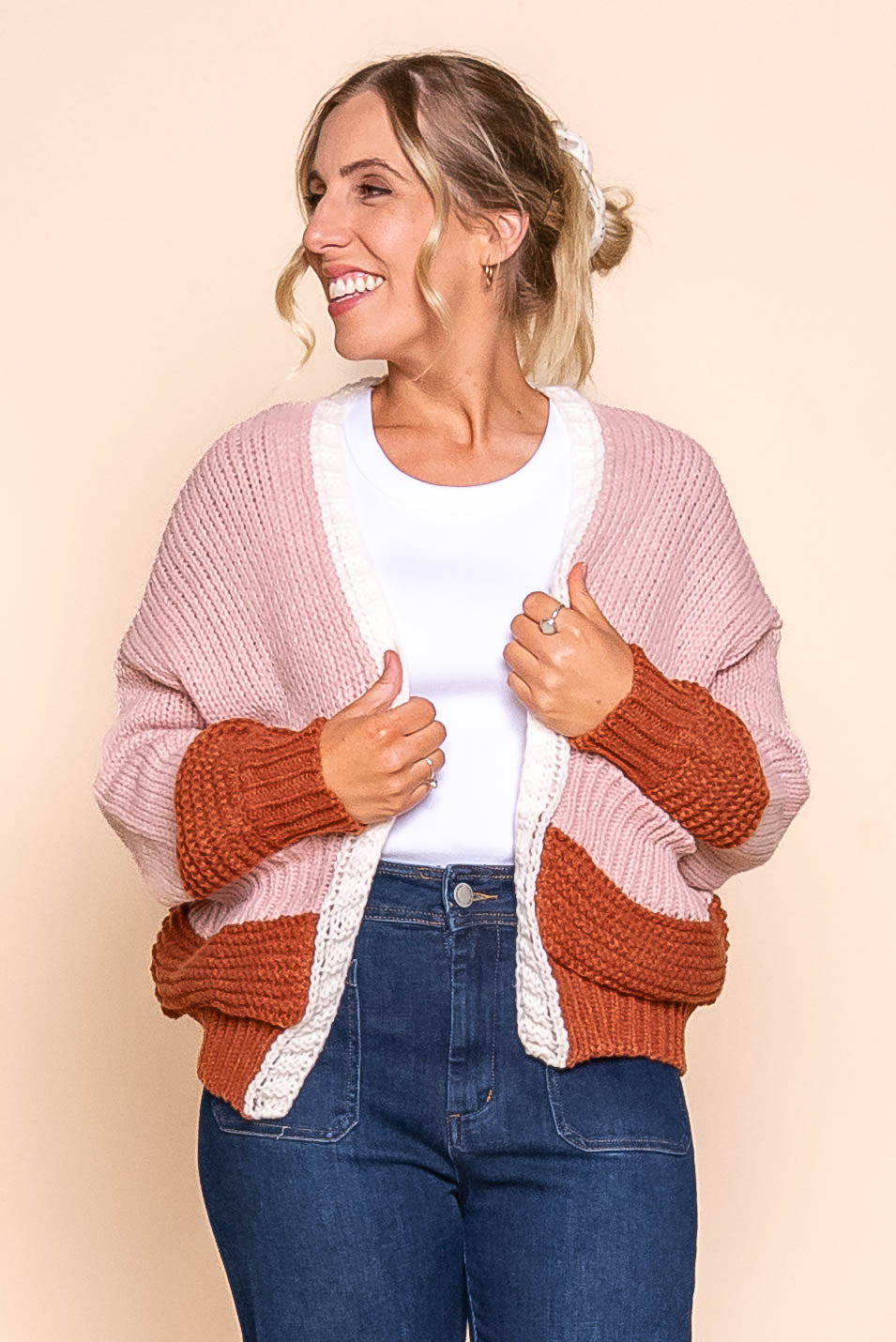 Marni Contrast Chunky Knit Cardi in Blush Pink