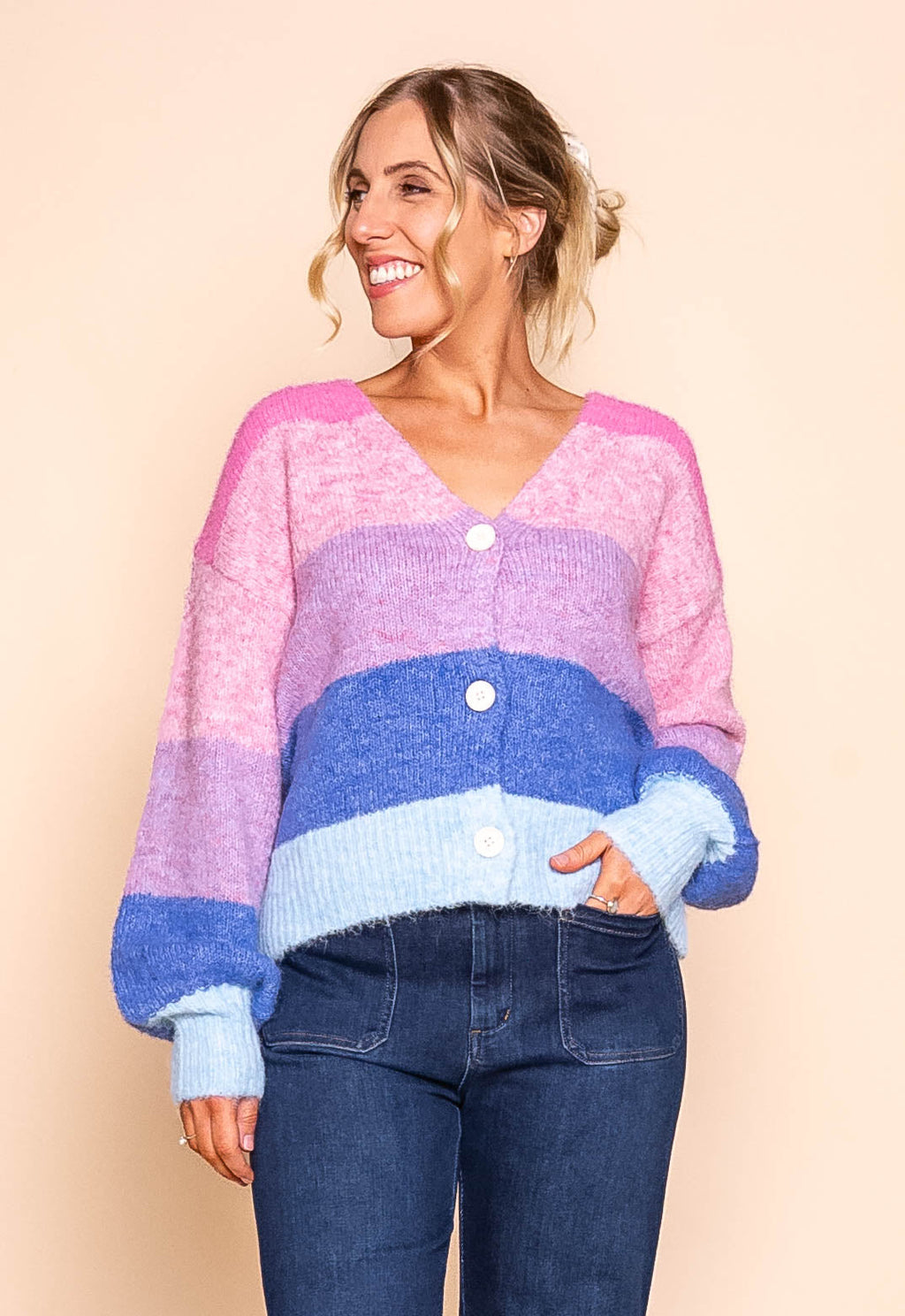 Tellulah Knit Cardi in Pink Multi Stripe