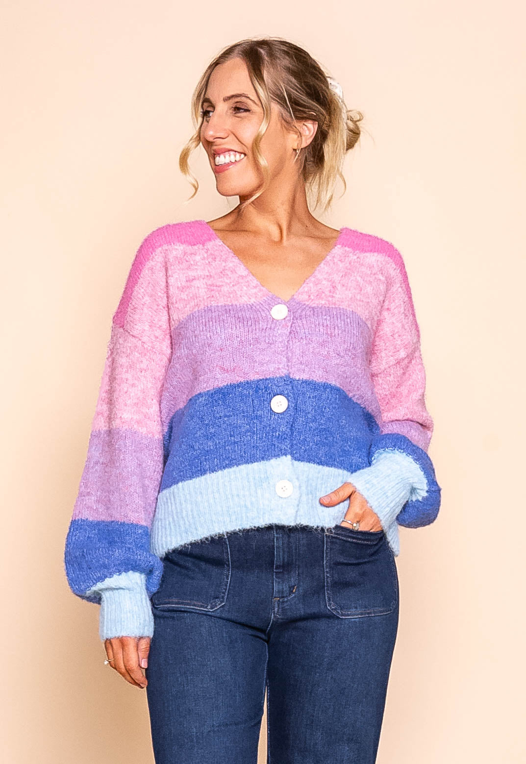 Tellulah Knit Cardi in Pink Multi Stripe