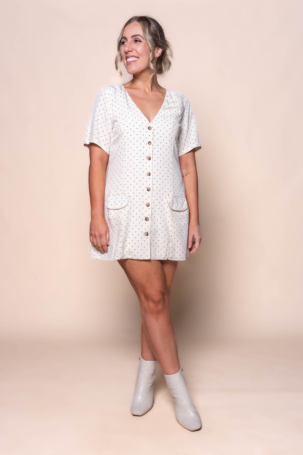 Elise Polka Dot Mini Dress in Vintage Cream