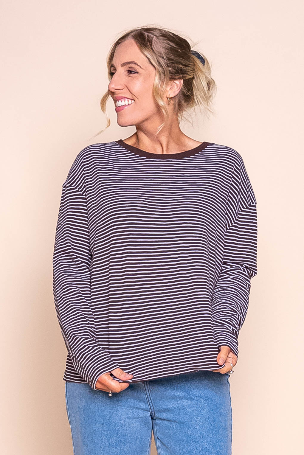 Hutch L/S Tee in Coffee/White Stripe - Foxwood
