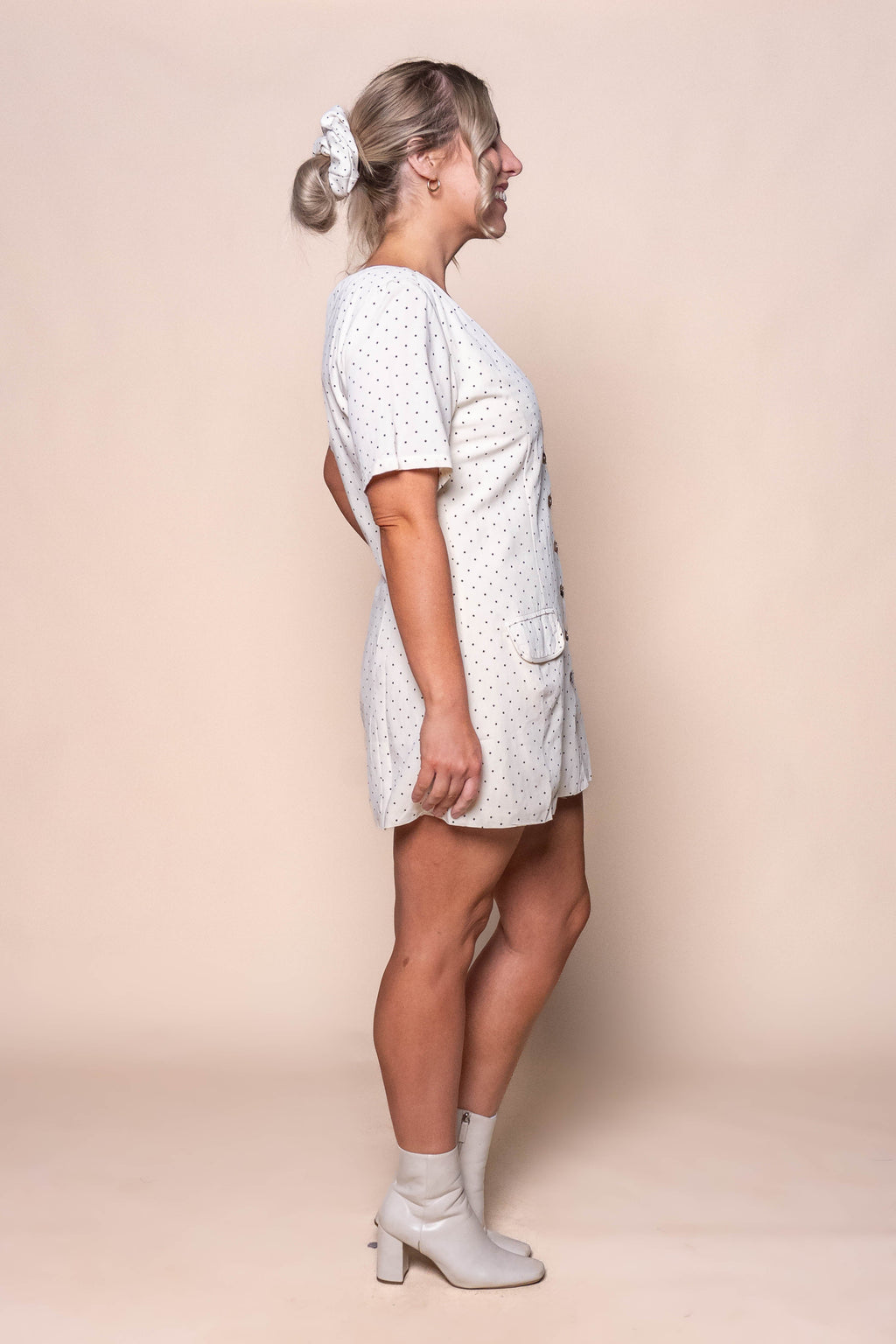 Elise Polka Dot Mini Dress in Vintage Cream