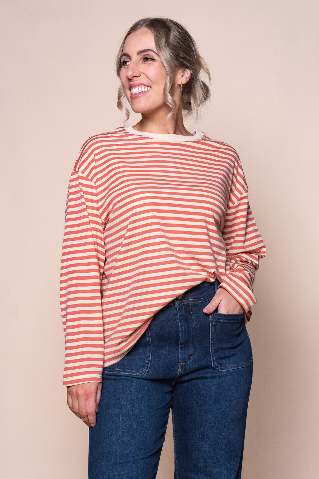 Dolcie L/S Stripe Tee in Creamy Peach