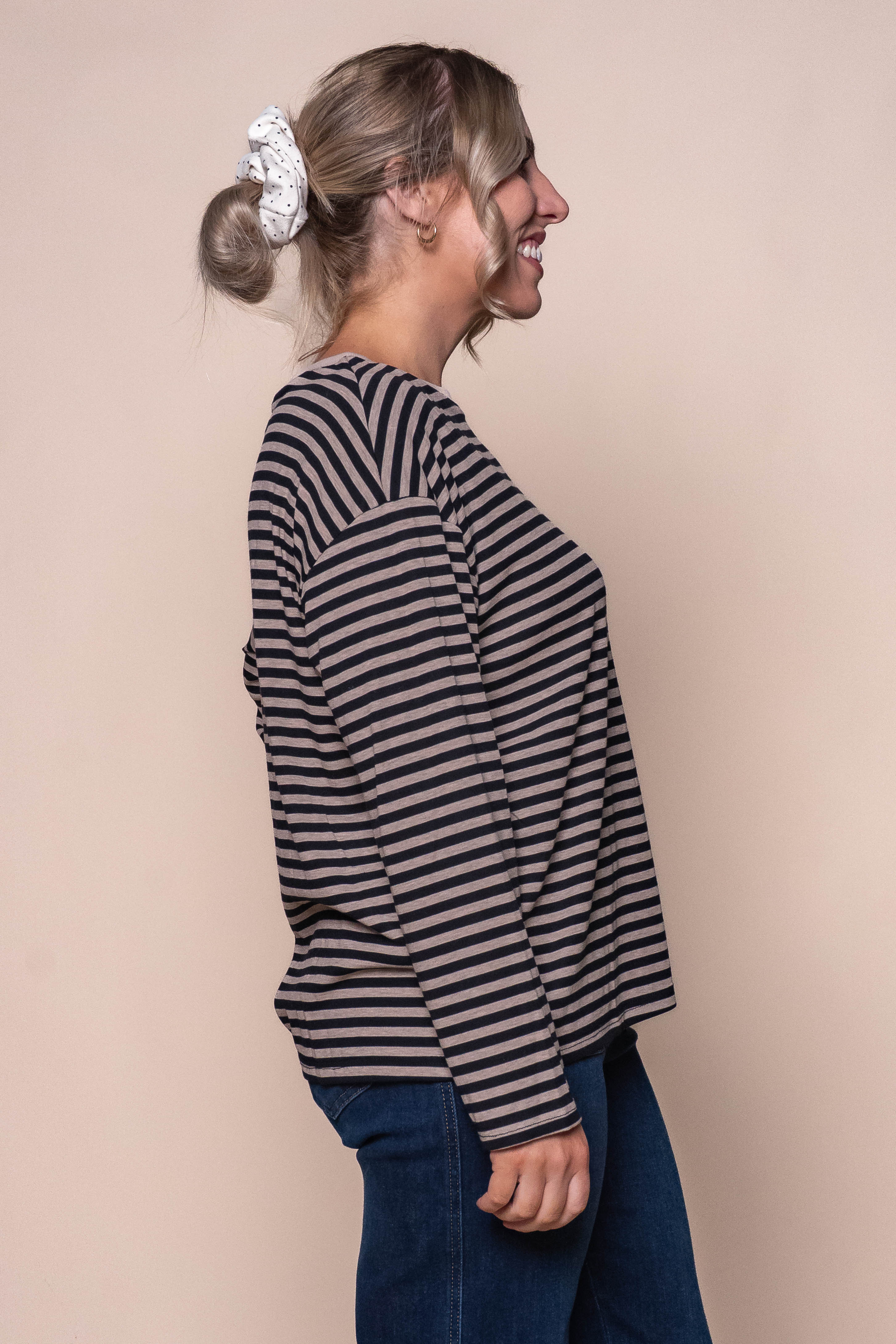 Dolcie L/S Stripe Tee in Black/Beige Marle