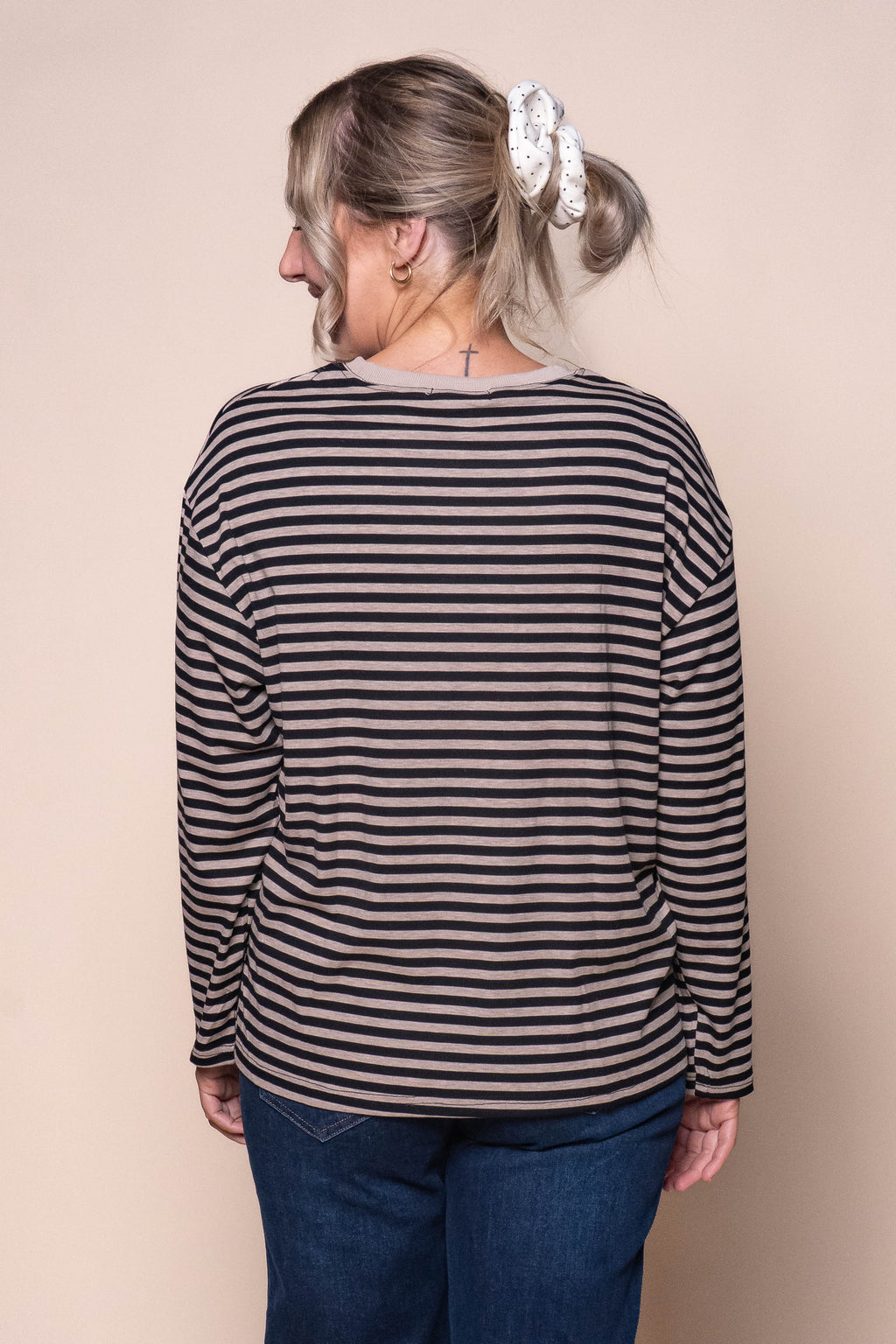 Dolcie L/S Stripe Tee in Black/Beige Marle