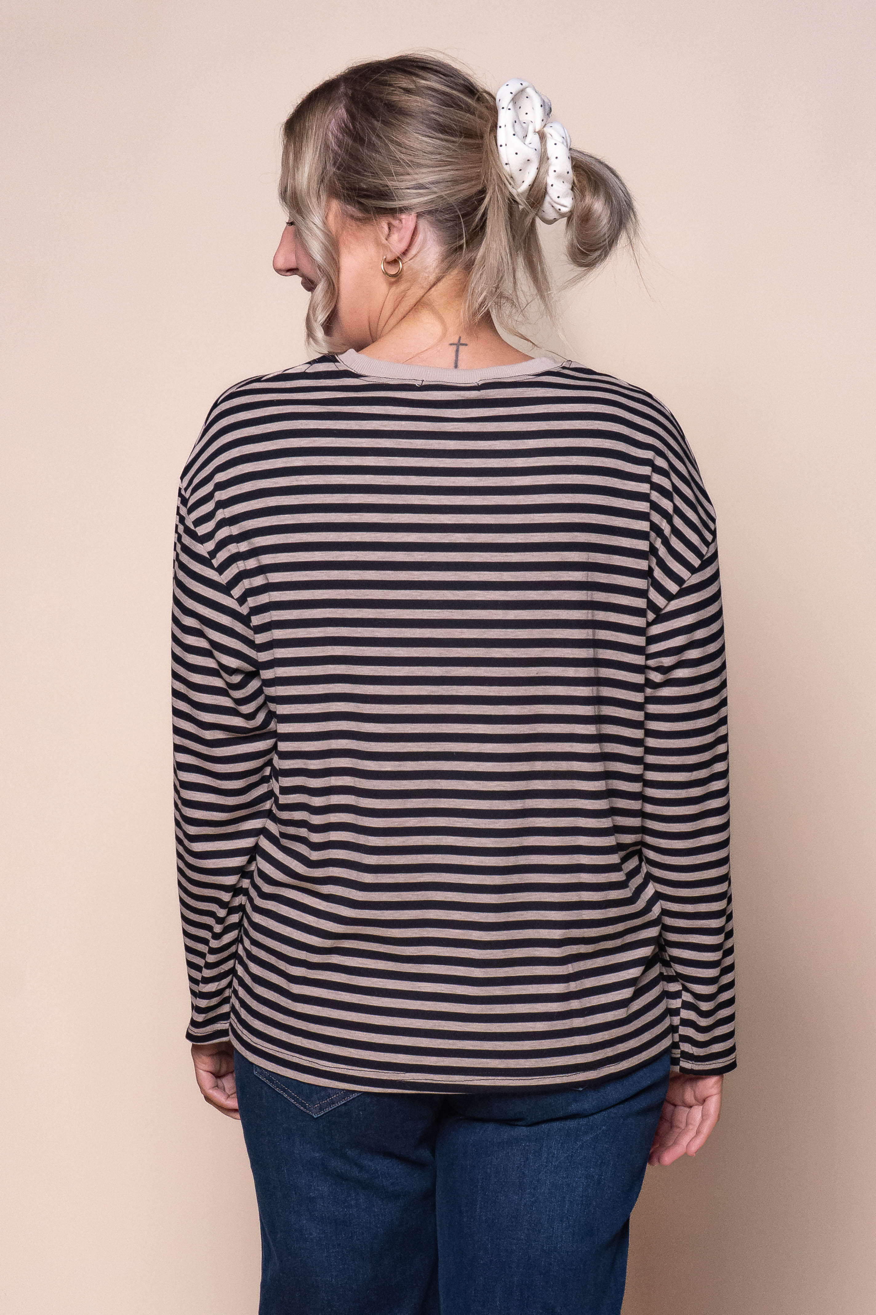 Dolcie L/S Stripe Tee in Black/Beige Marle