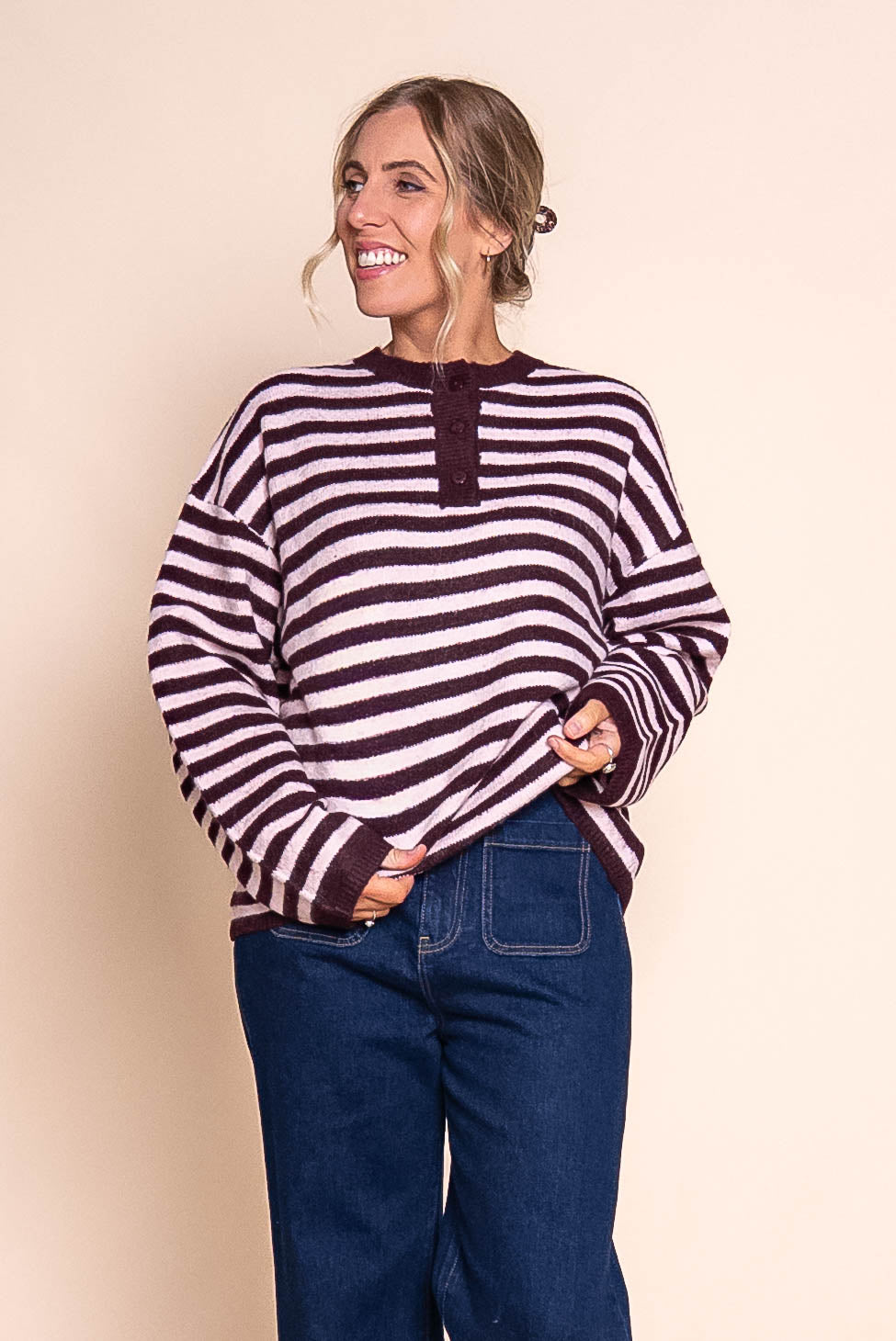 Flossie Stripe Knit Jumper in Wine - All About Eve