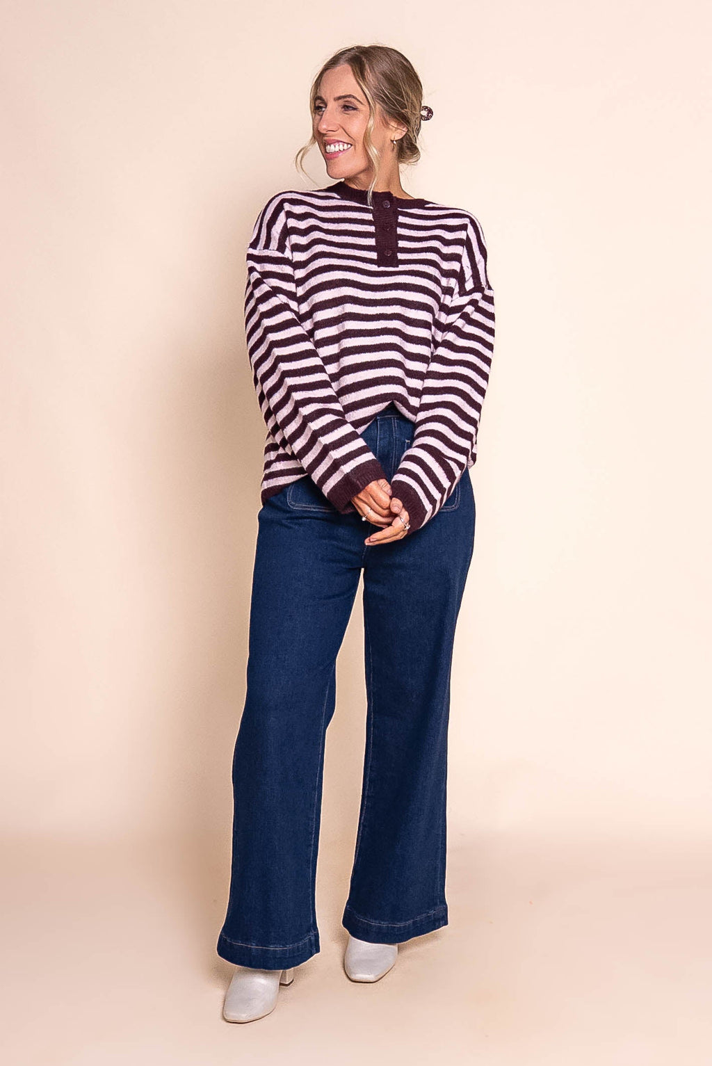 Flossie Stripe Knit Jumper in Wine - All About Eve