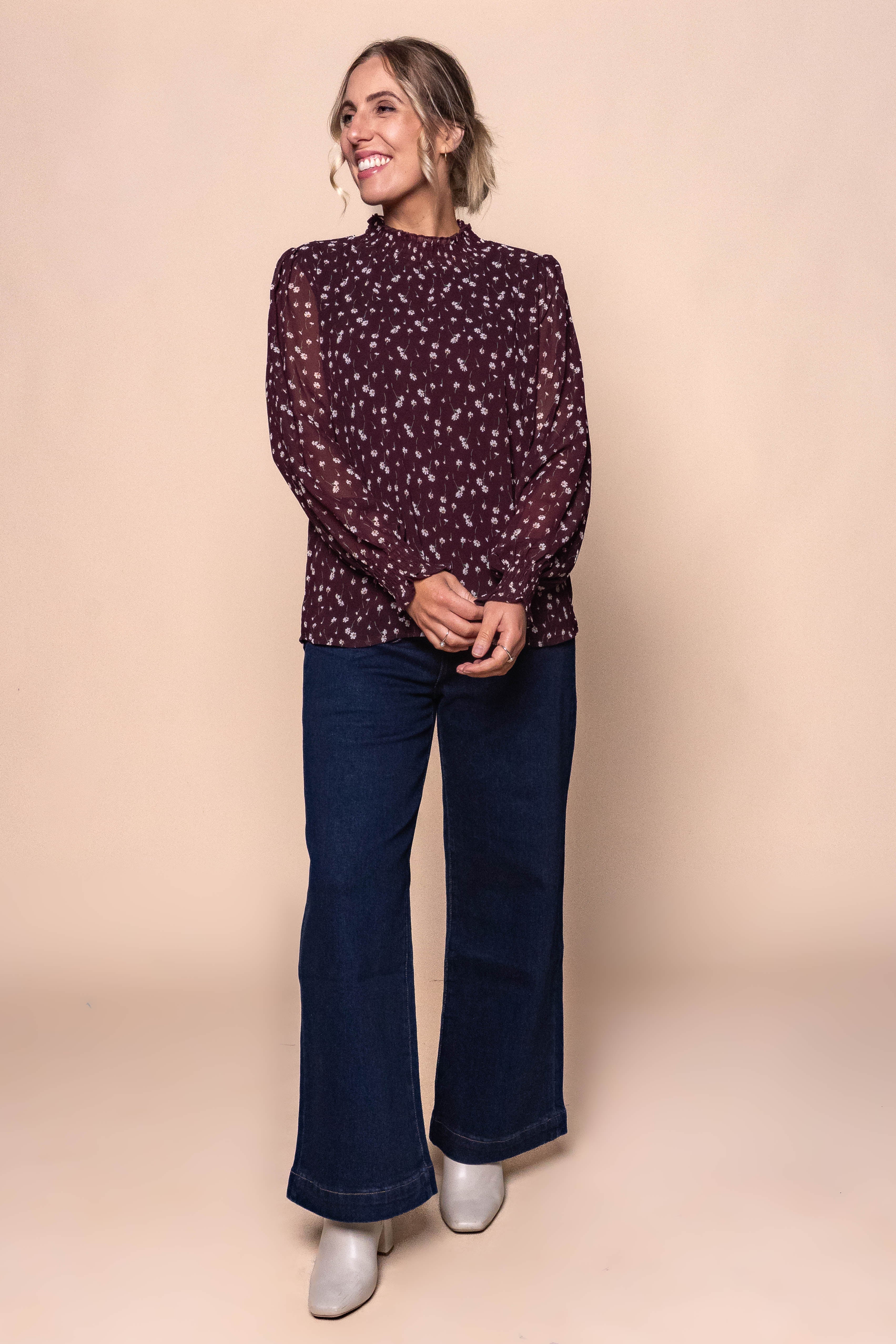 Bebe Ditsy Floral Top in Burgundy