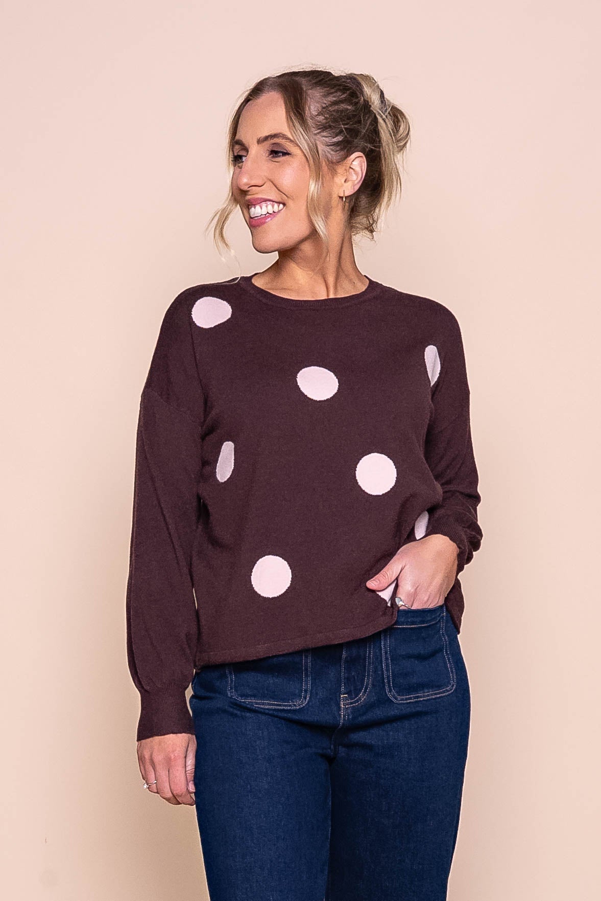 Jackie Polka Dot Knit Jumper in Chocolate