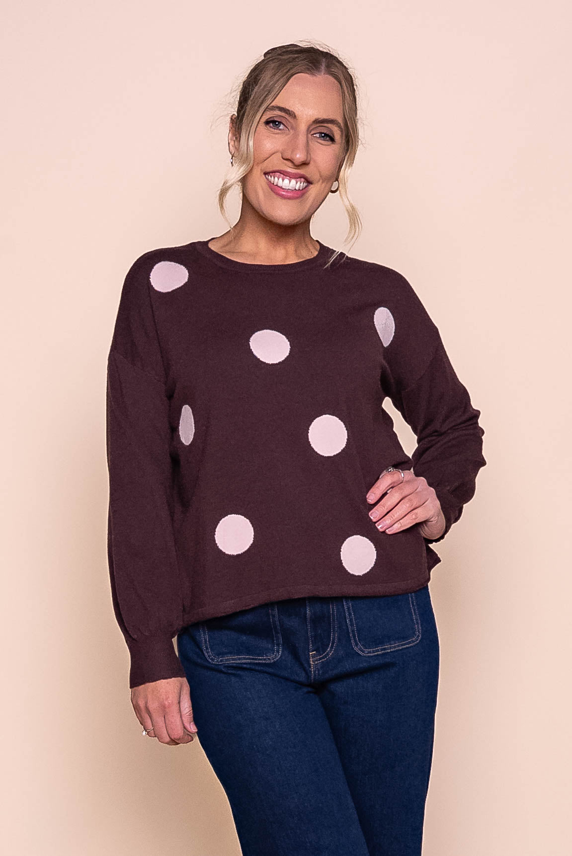 Jackie Polka Dot Knit Jumper in Chocolate