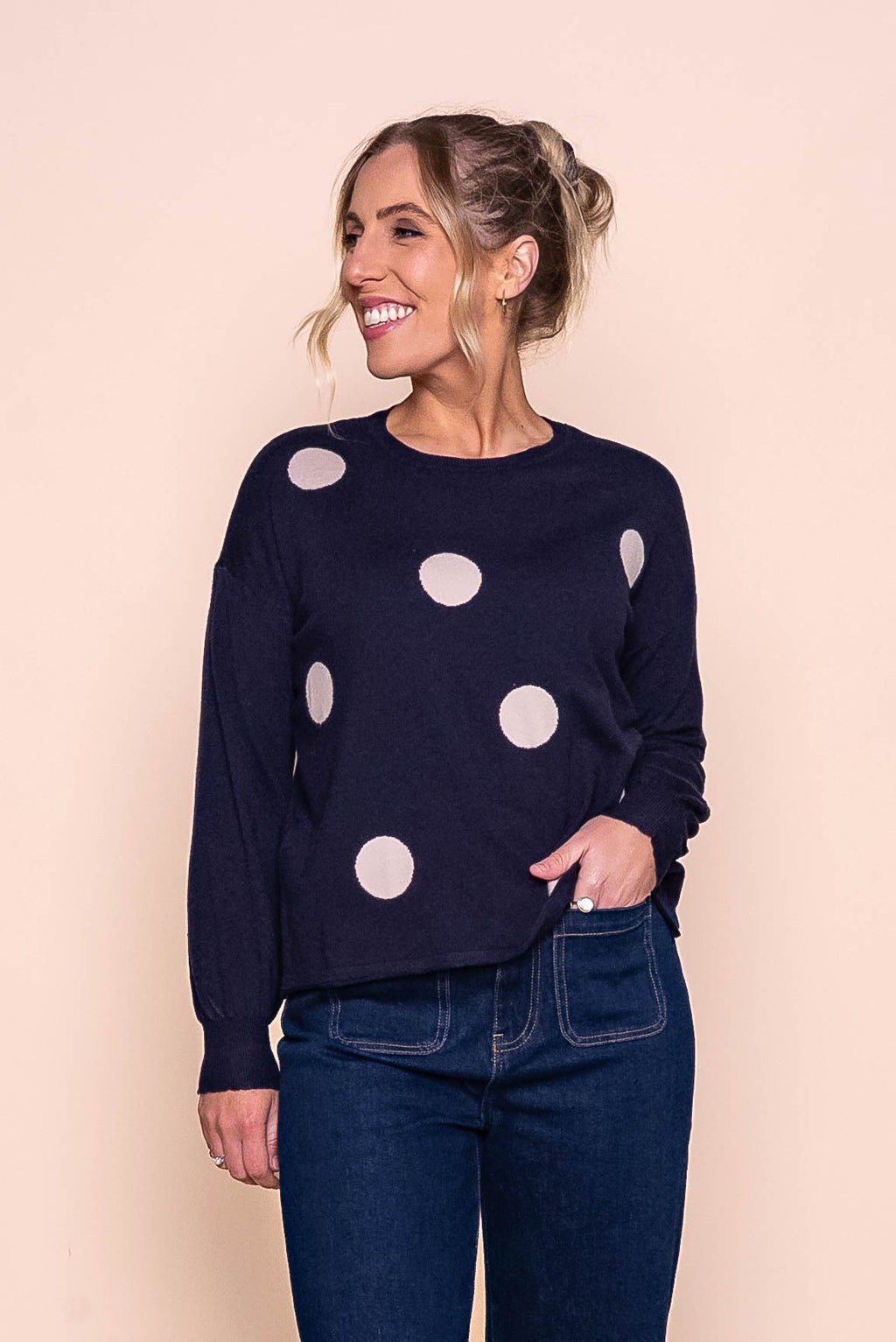 Jackie Polka Dot Knit Jumper in Navy