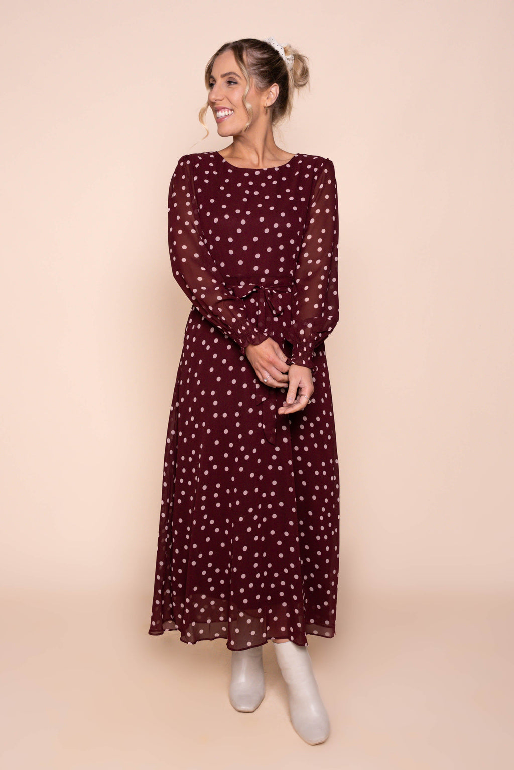 Alea Polka Dot Maxi Dress in Burgundy