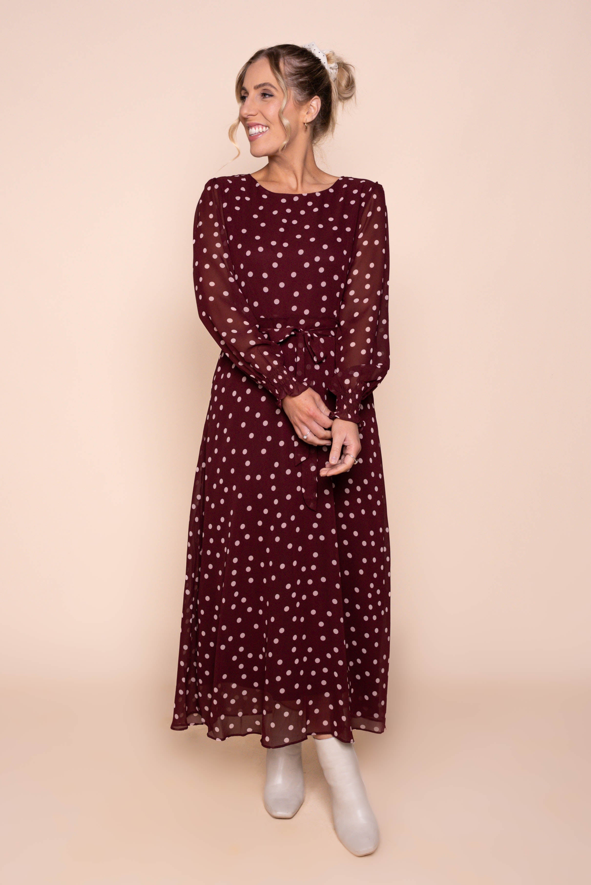 Alea Polka Dot Maxi Dress in Burgundy