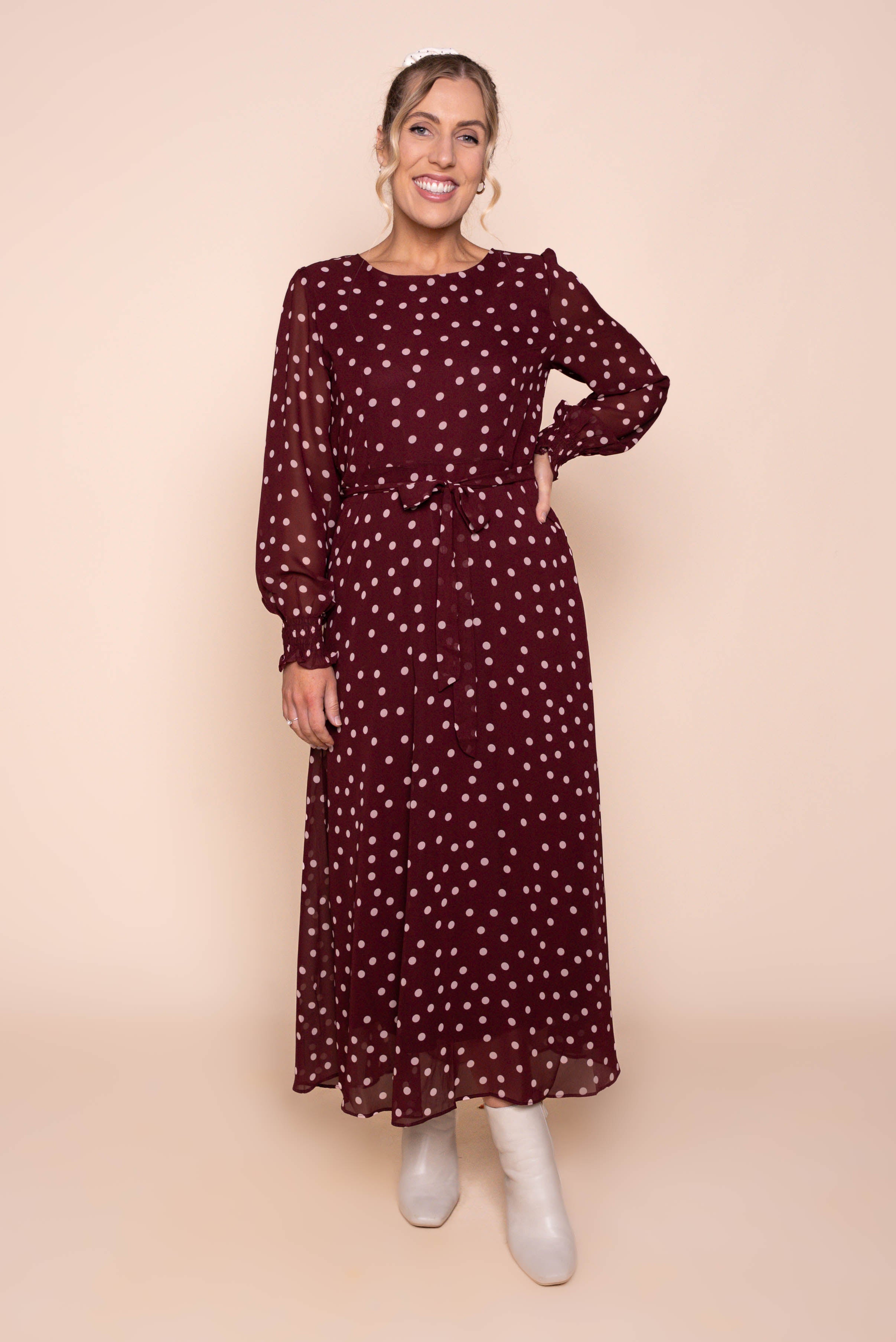 Alea Polka Dot Maxi Dress in Burgundy