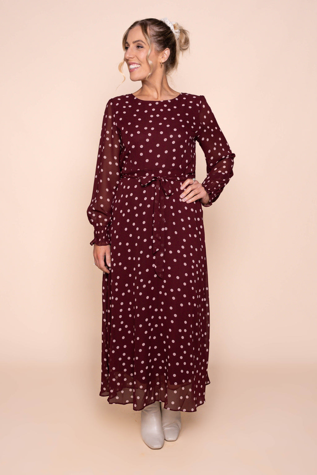 Alea Polka Dot Maxi Dress in Burgundy