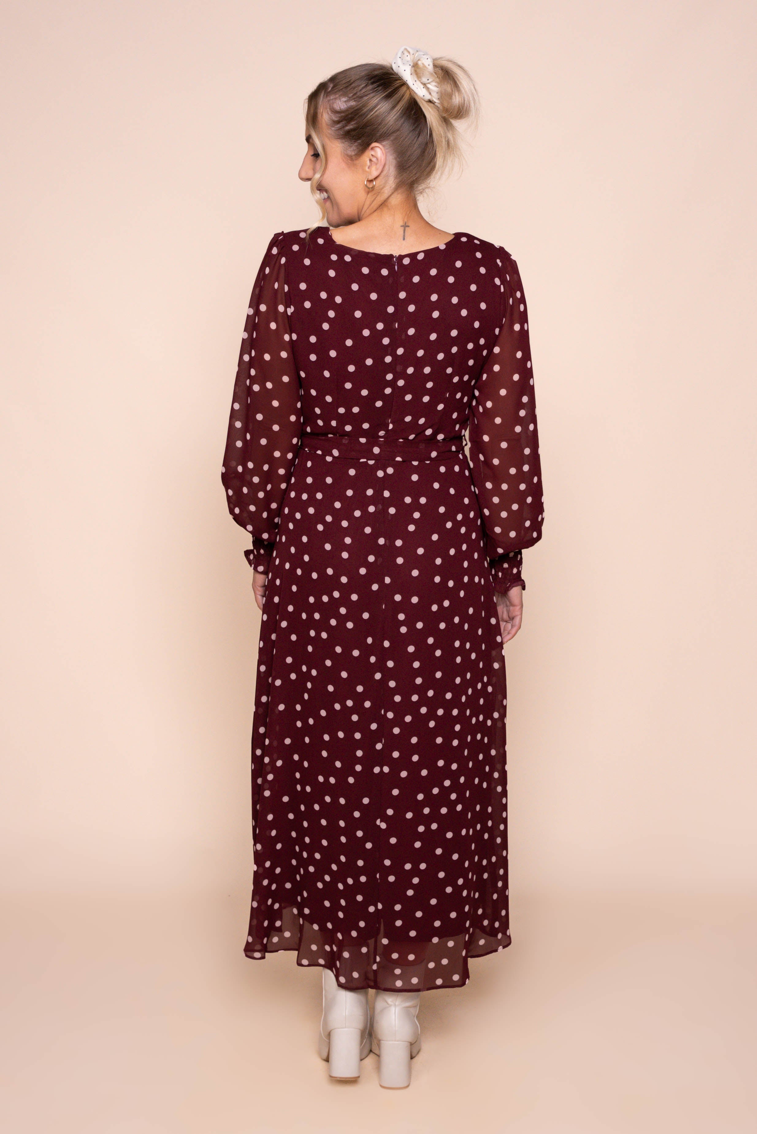Alea Polka Dot Maxi Dress in Burgundy