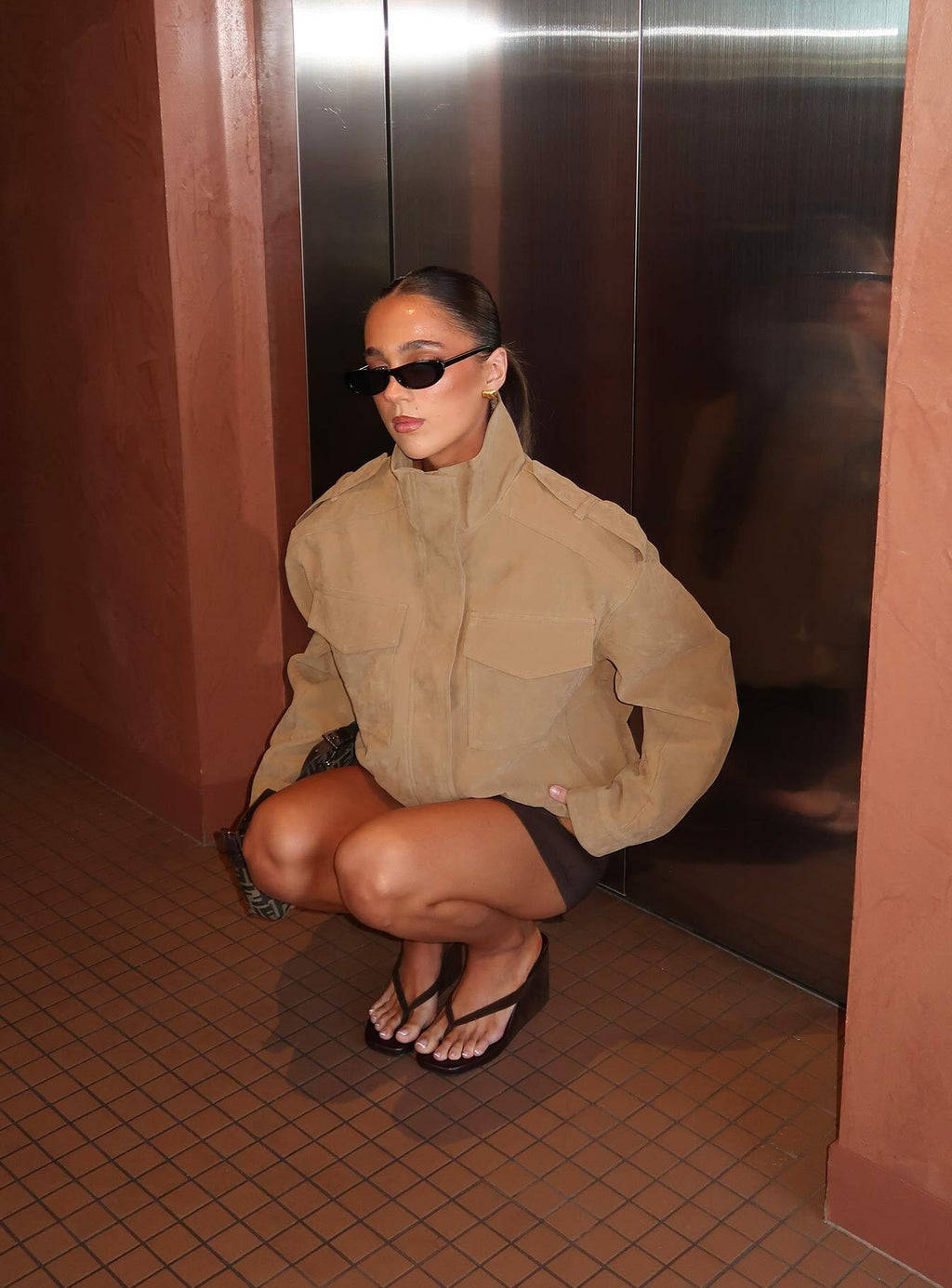Double Life Funnel Neck Cargo Jacket Beige